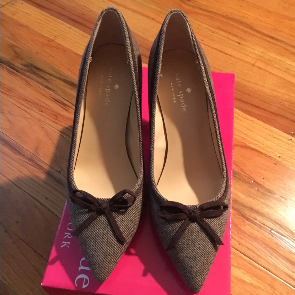 Kate Spade Heels (New)- Brown Tweed w/Bow Sz 7